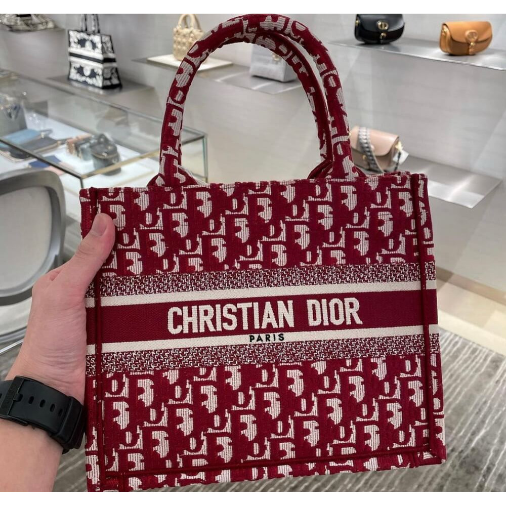 Christian Dior Small Book Tote Bag 26cm Oblique Embroidery Red