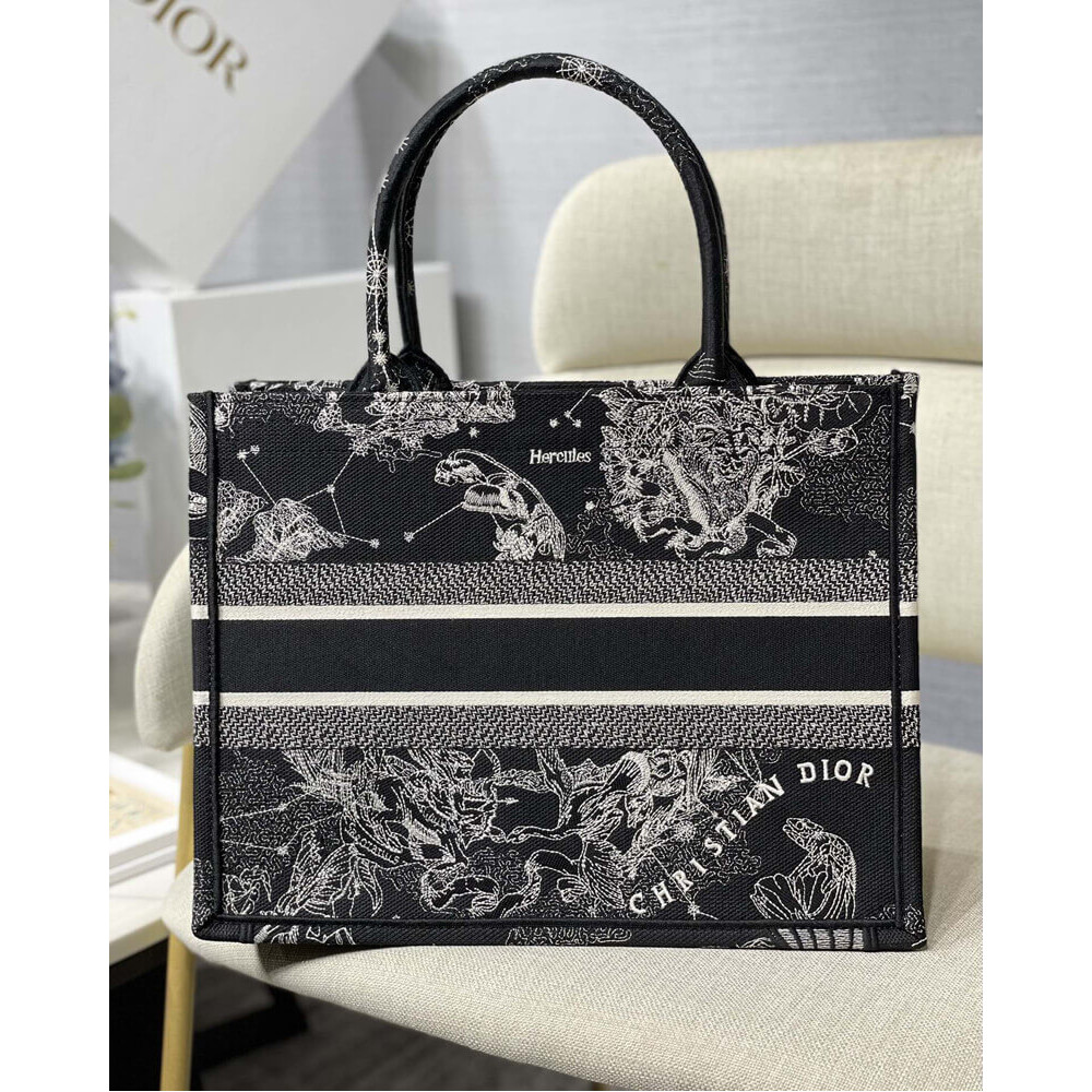 Christian Dior Medium Book Tote Black Toile de Jouy Zodiac Embroidery M1296