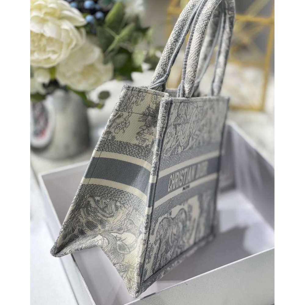 Christian Dior Small Book Tote Bag 26cm Toile De Jouy Reverse Embroidery Grey