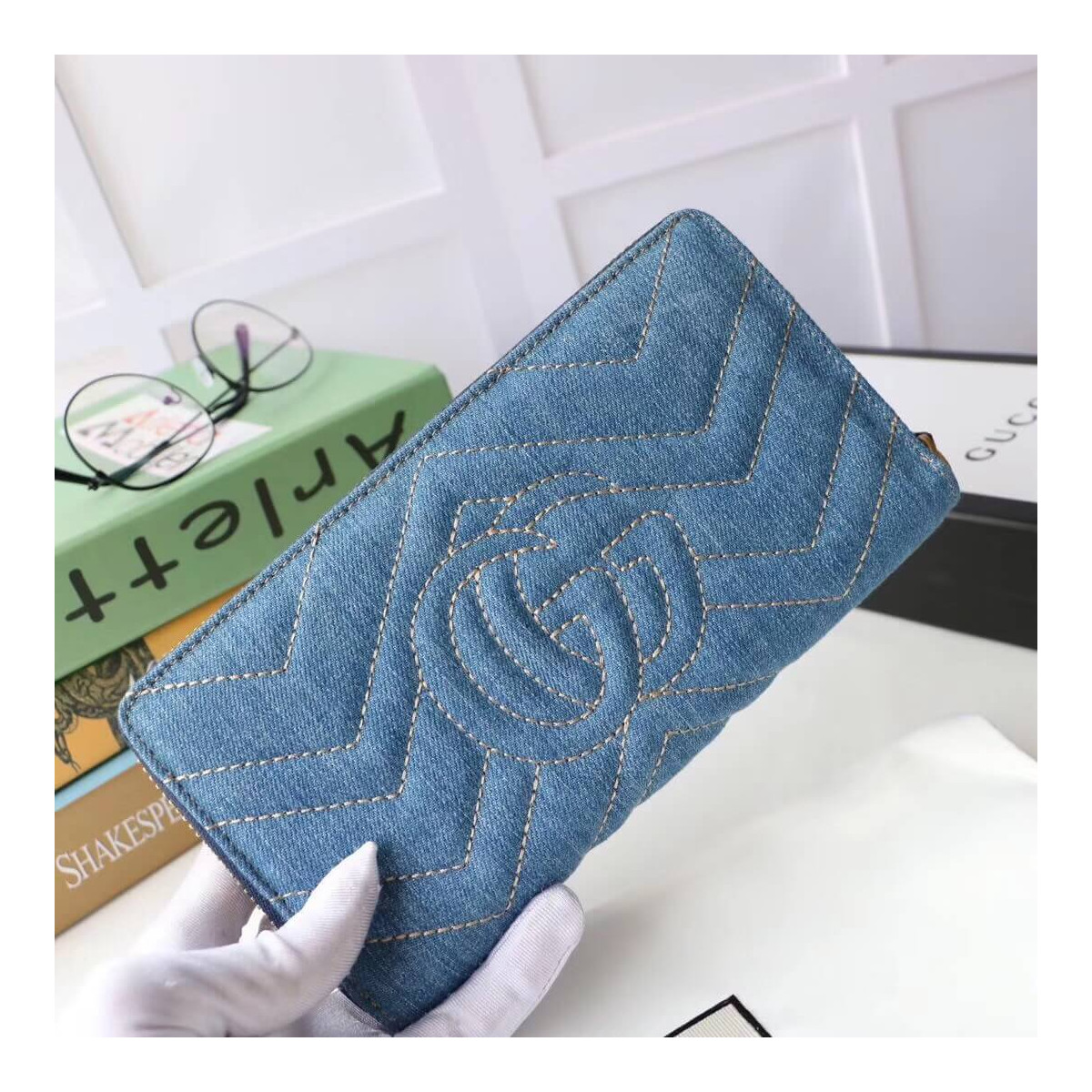 Gucci Denim Print Applique Zip Around Wallet 443123