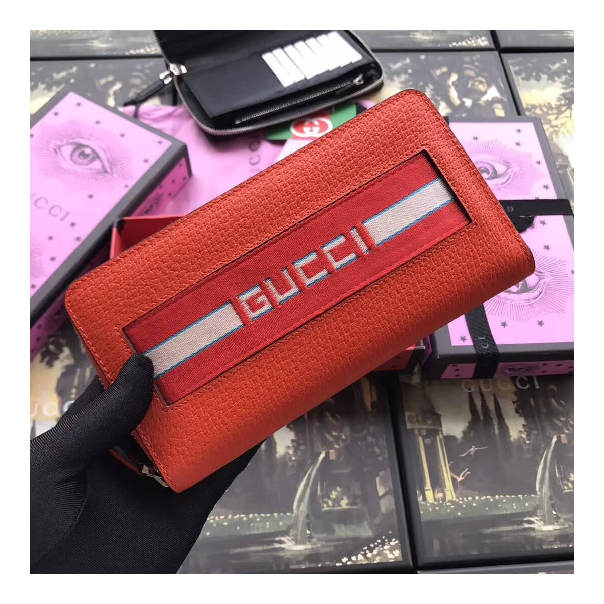 Gucci Leather Stripe Zip Around Wallet 459138