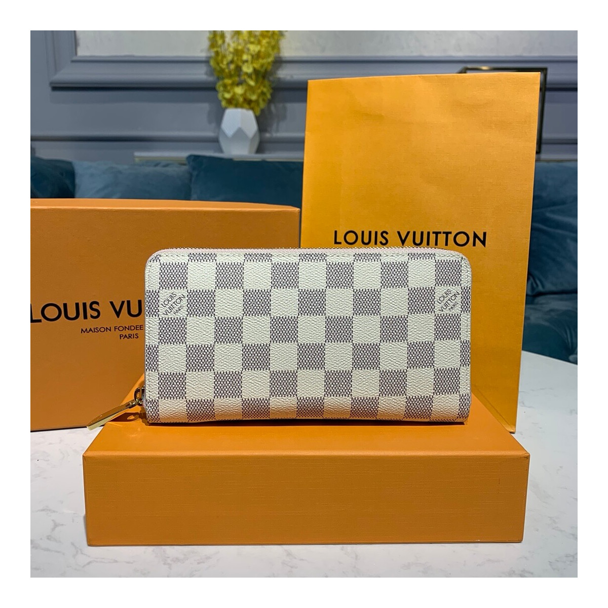 Louis Vuitton Damier Azur Canvas Zippy Wallet N63503 Pink