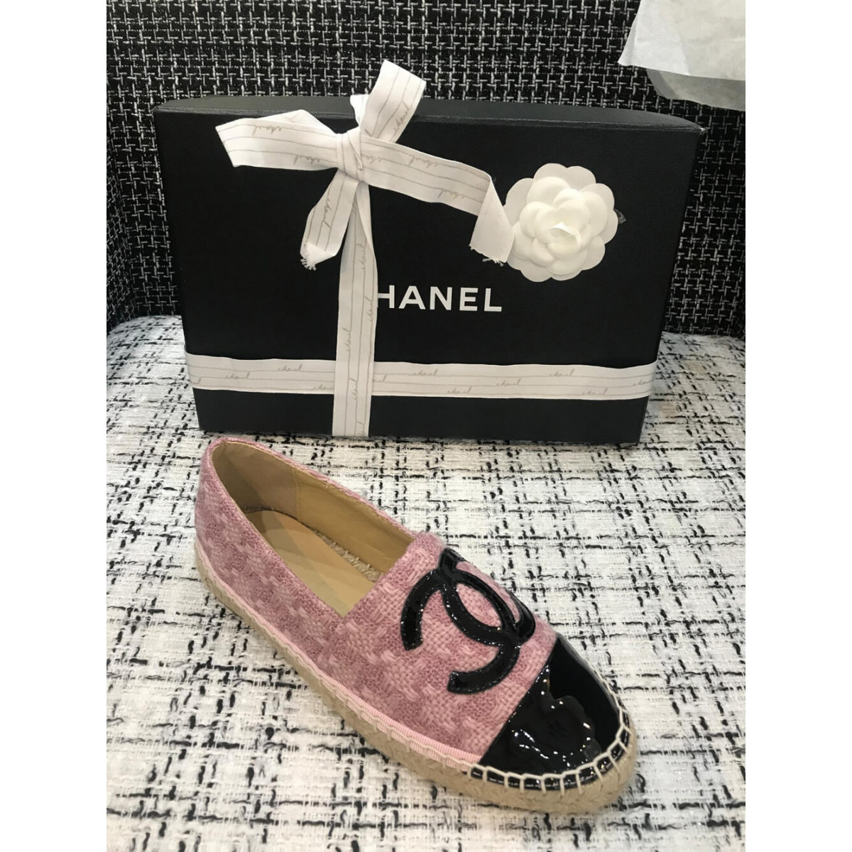 Chanel Tweed &amp; Patent Calfskin Espadrilles G29762 Pink/Black