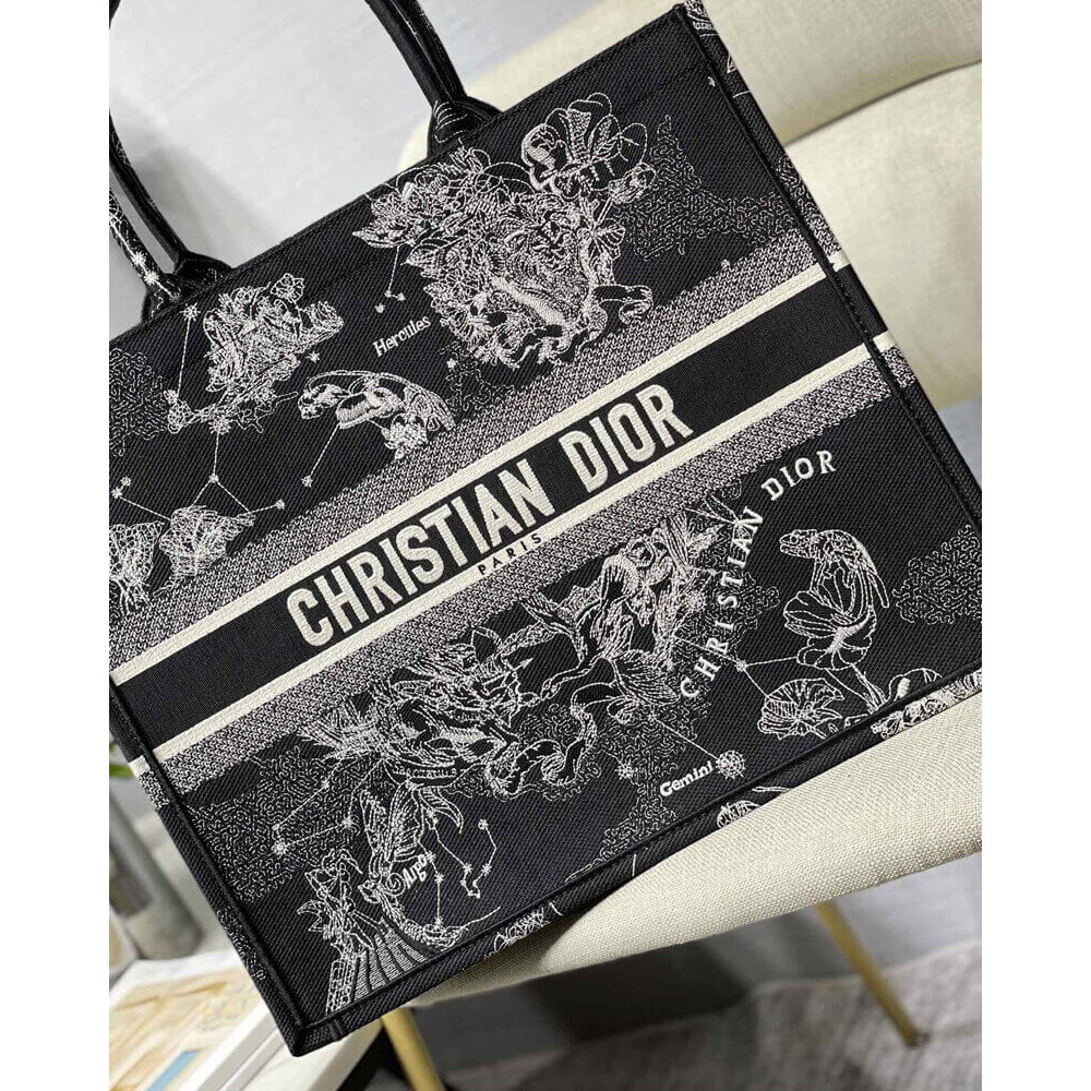 Christian Dior Large Book Tote Black Toile de Jouy Zodiac Embroidery M1286