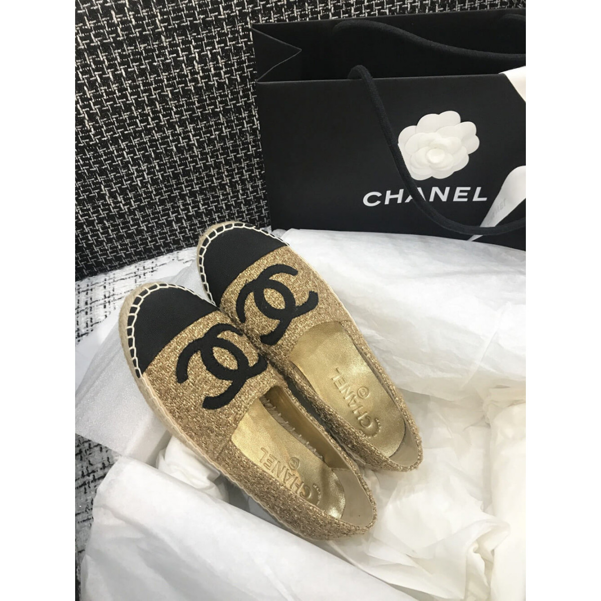 Chanel Tweed Espadrilles G29762 Light Coffee/Black