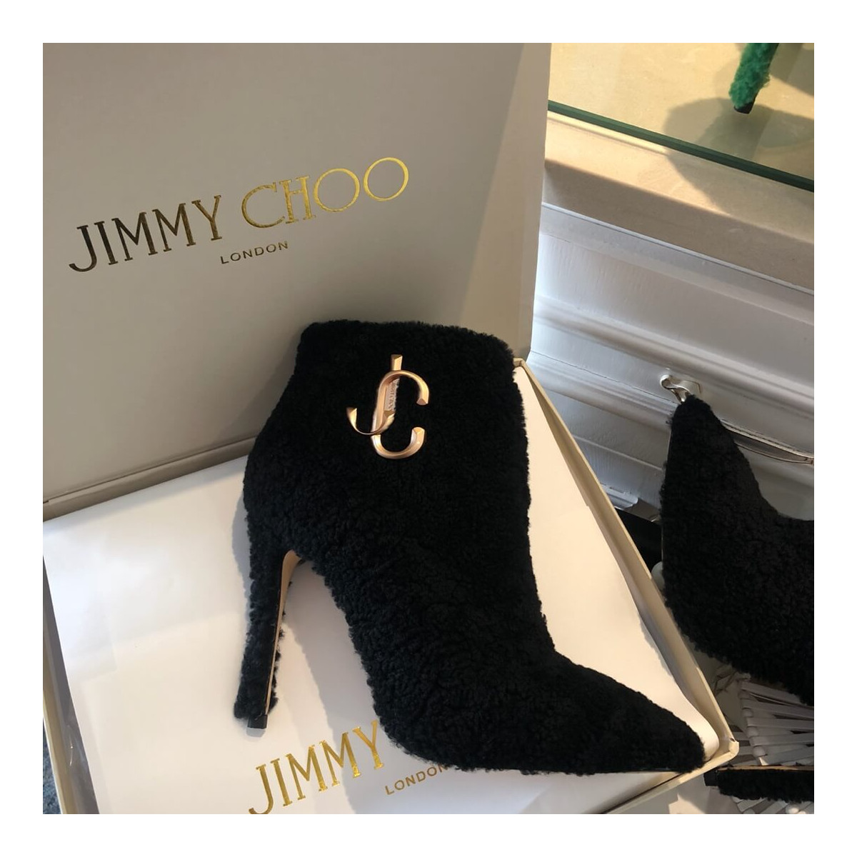 Jimmy Choo Shearling Ankle Bootie with Gold JC Logo 80259