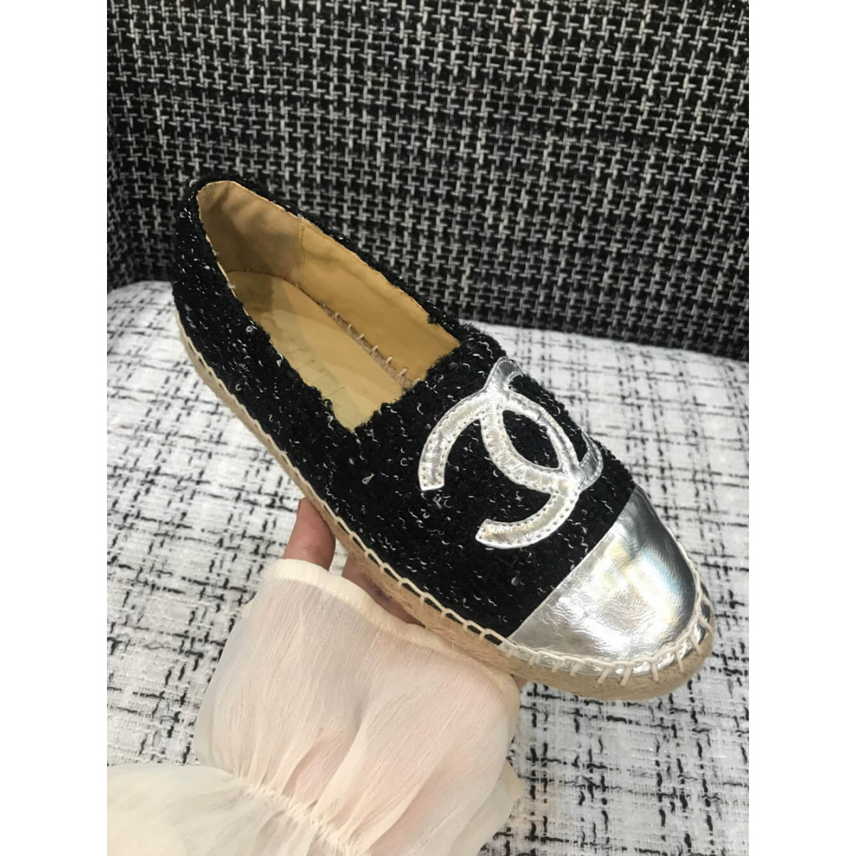 Chanel Tweed &amp; Patent Calfskin Espadrilles G29762 Black/Silver