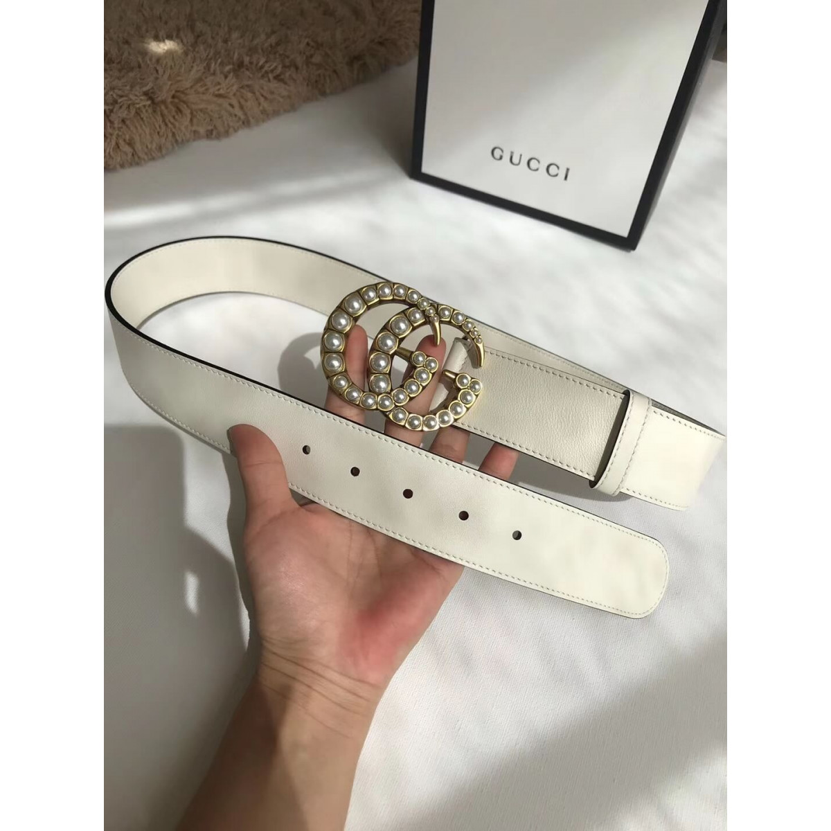 Gucci 40mm Leather Belt With Pearl Double G 453260