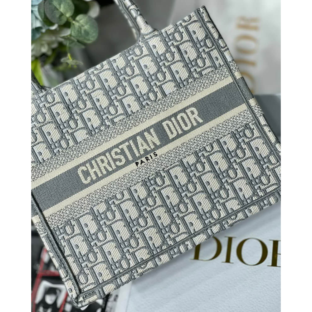 Christian Dior Small Book Tote Bag 26cm Oblique Embroidery Gray