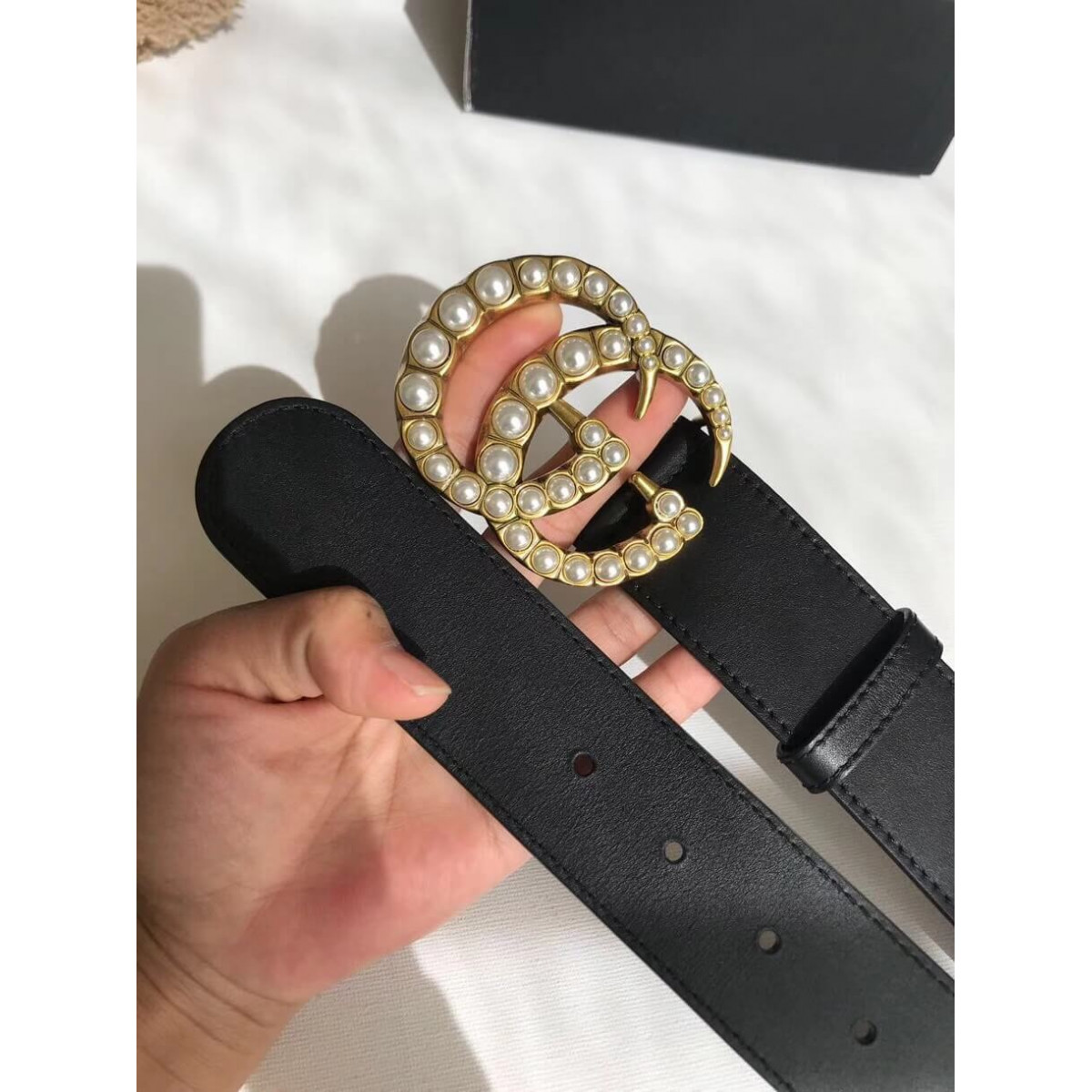 Gucci 40mm Leather Belt With Pearl Double G 453260