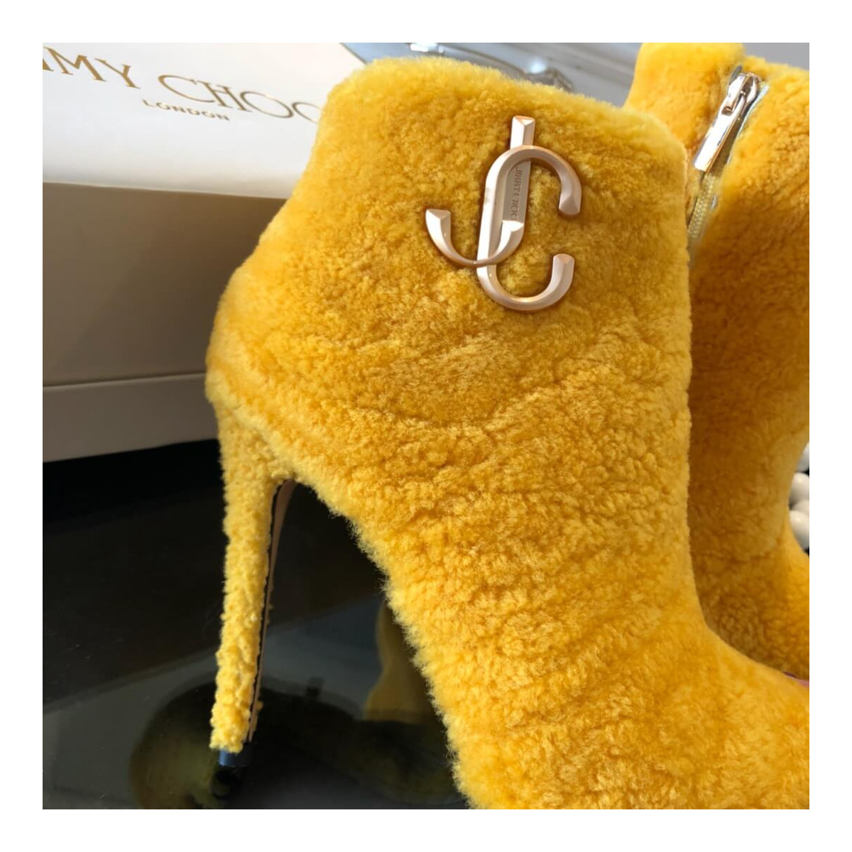 Jimmy Choo Shearling Ankle Bootie with Gold JC Logo 80259