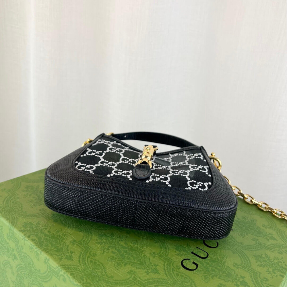 Gucci Jackie 1961 Mini Crystal GG Lizard Bag 677027 Black