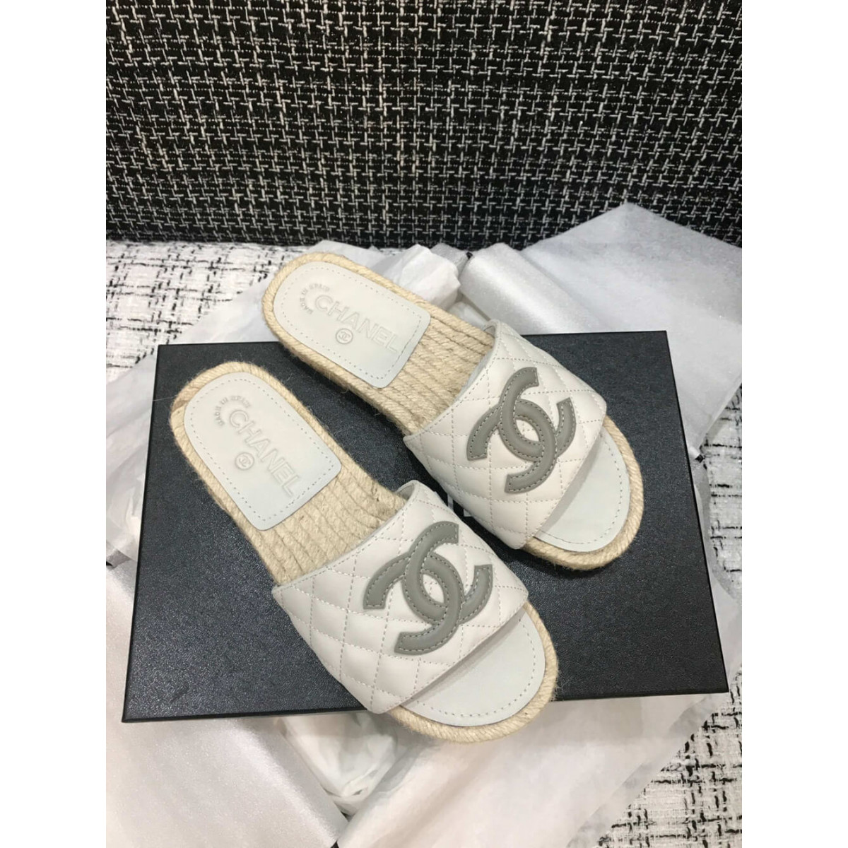 Chanel CC Quilted Mules G35604 White/Grey