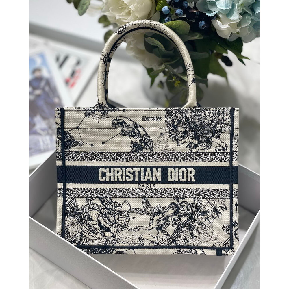 Christian Dior Small Book Tote Bag 26cm Latte Toile De Jouy Zodiac Embroidery Beige