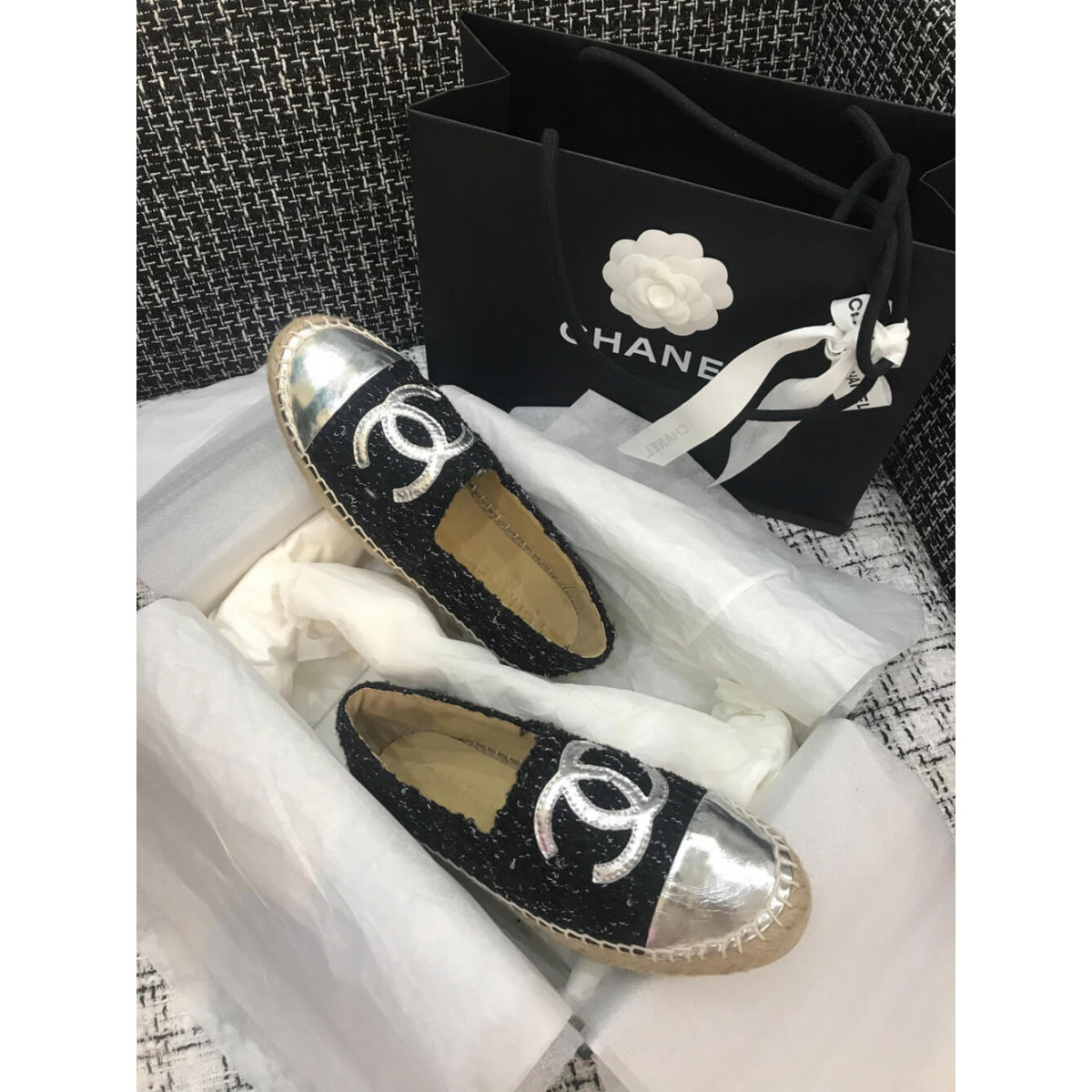 Chanel Tweed &amp; Patent Calfskin Espadrilles G29762 Black/Silver