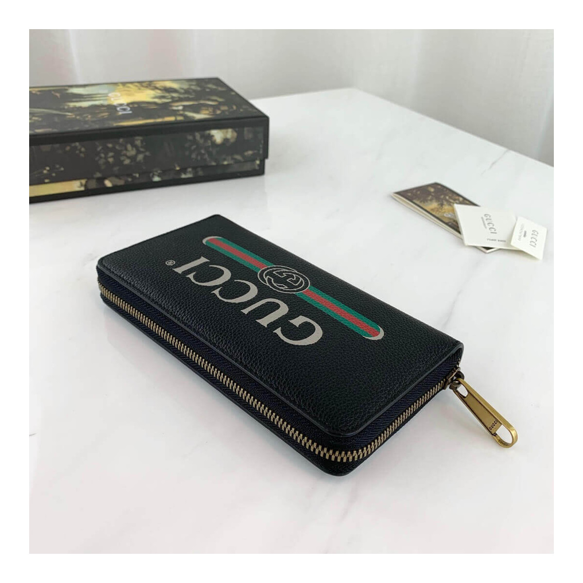 Gucci Print Leather Zip Around Wallet 496317