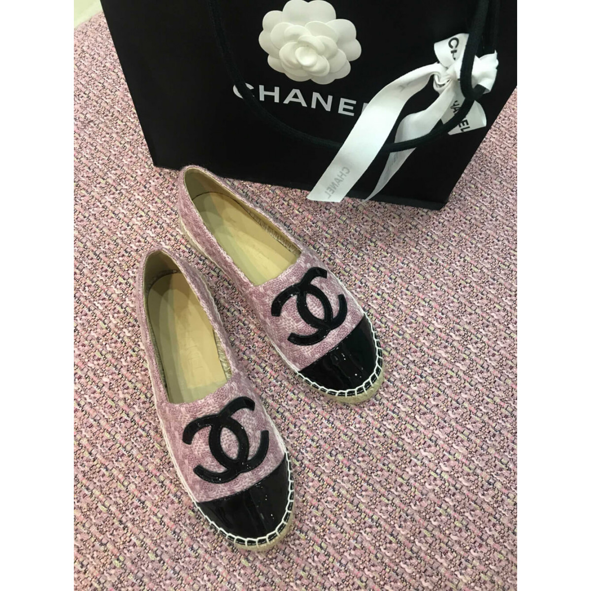 Chanel Tweed &amp; Patent Calfskin Espadrilles G29762 Pink/Black