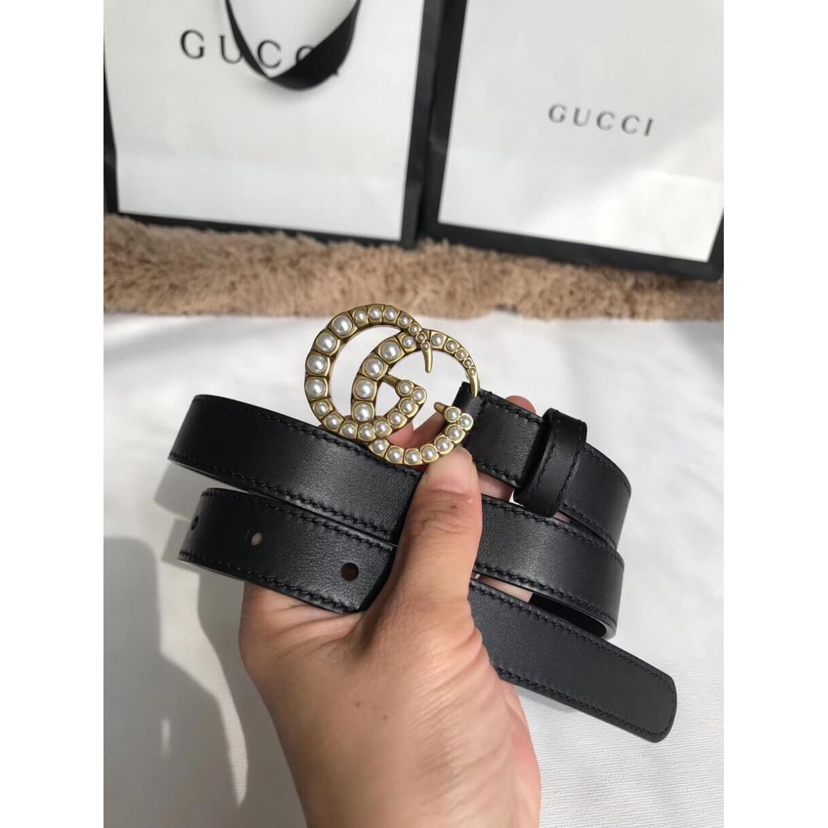 Gucci 20mm Leather Belt With Pearl Double G 453260