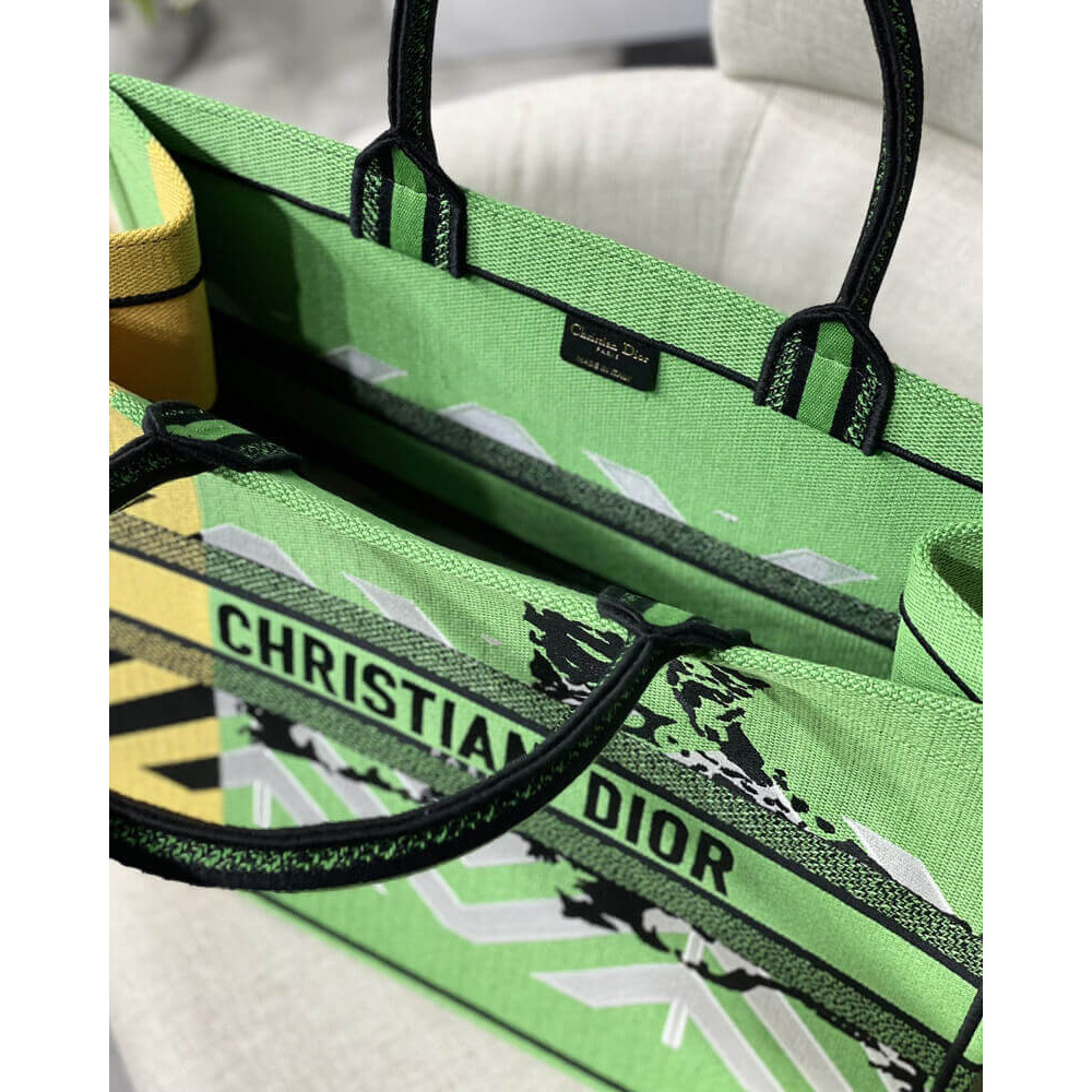 Christian Dior Large Book Tote Bright Green and Orange D-Jungle Pop Embroidery M1286