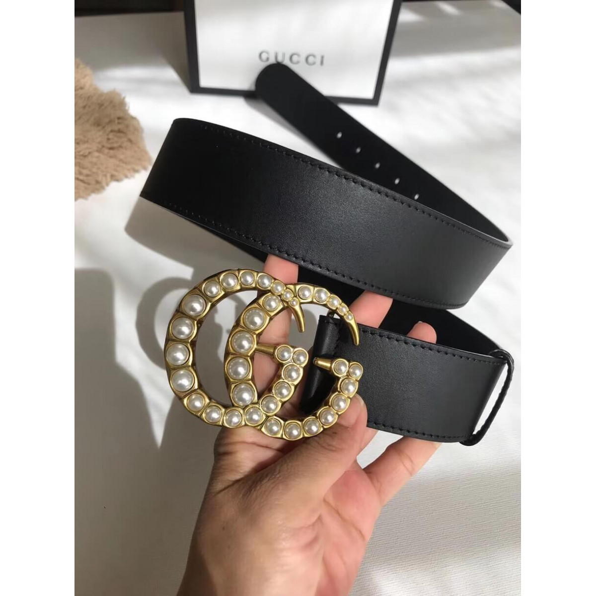 Gucci 40mm Leather Belt With Pearl Double G 453260