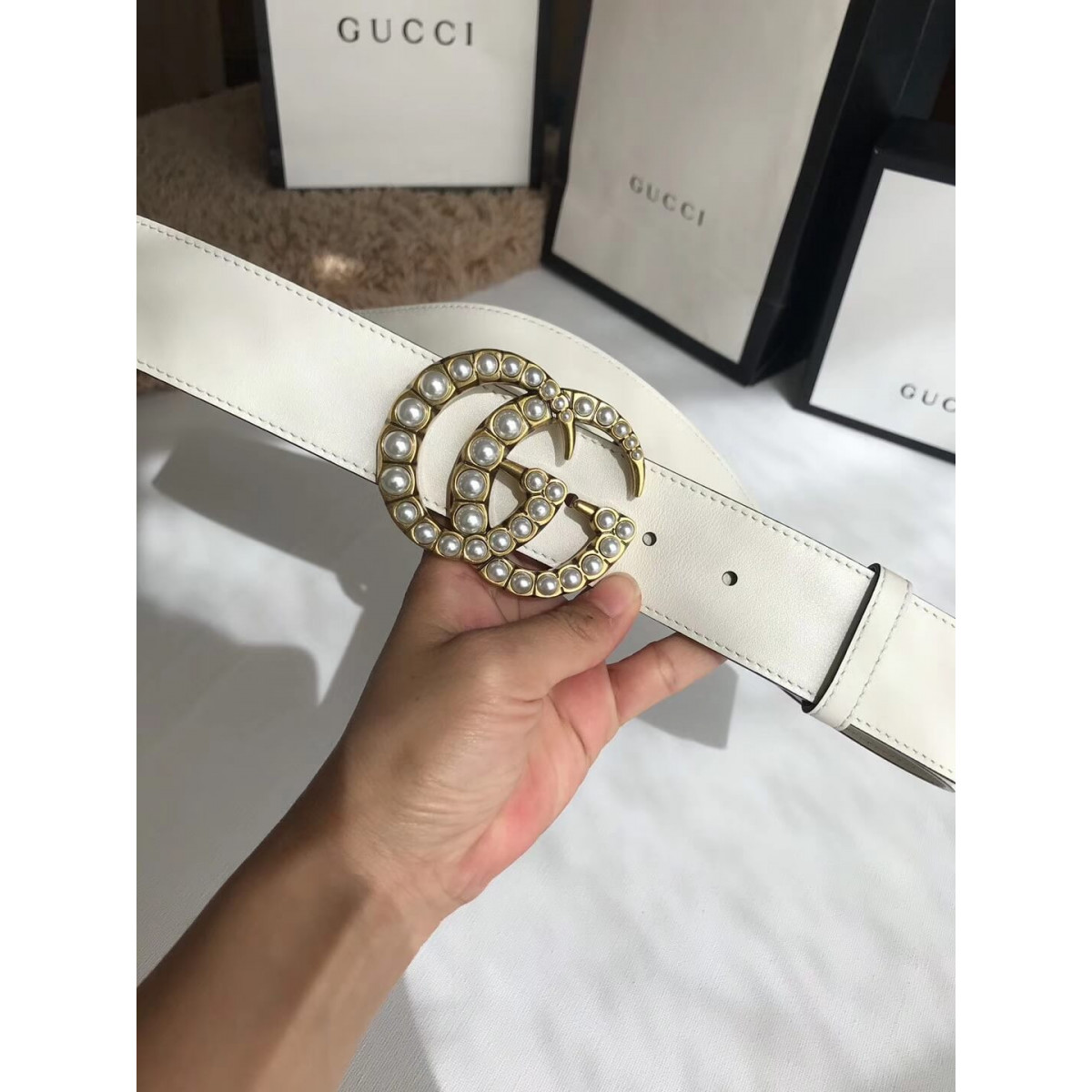 Gucci 40mm Leather Belt With Pearl Double G 453260