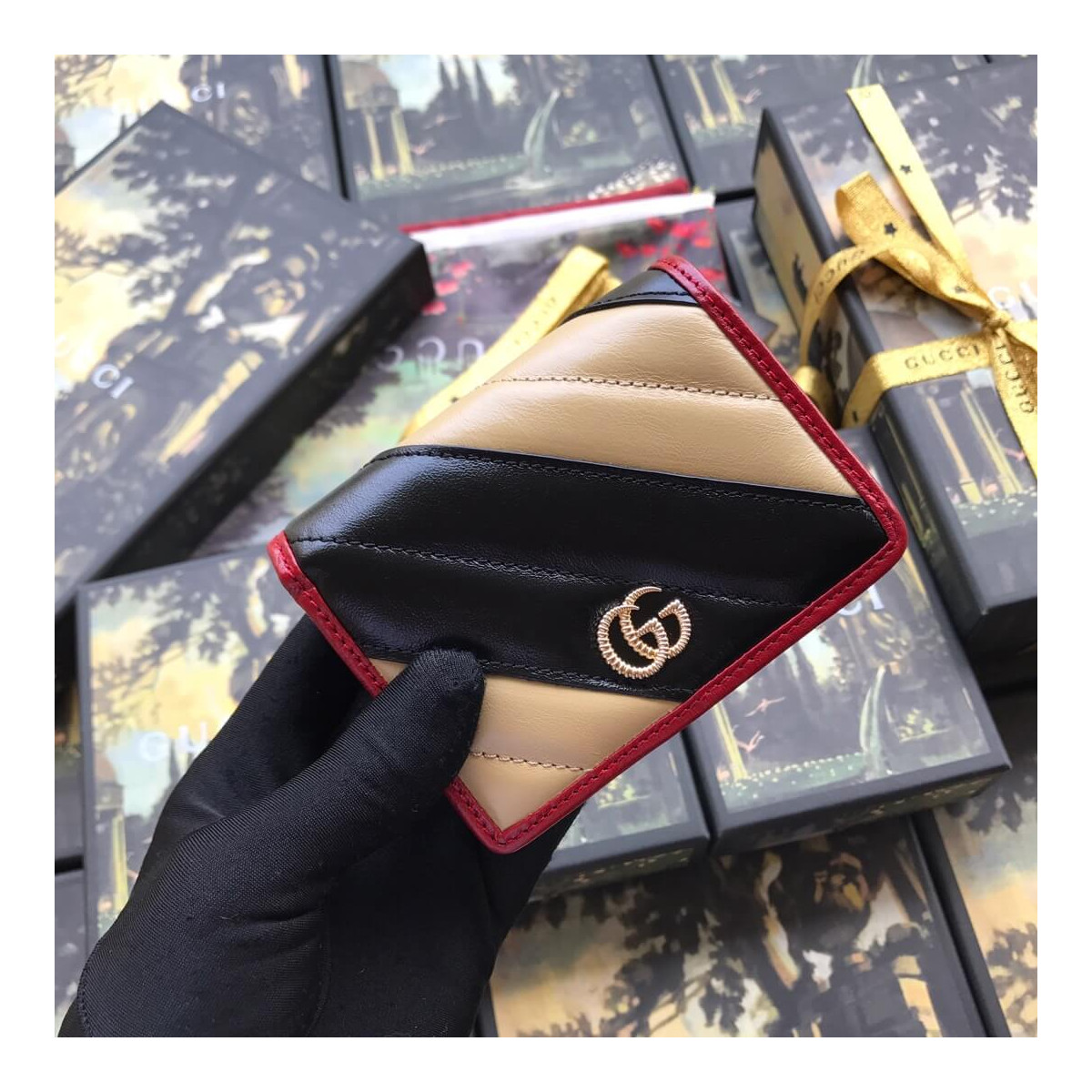 Gucci GG Marmont Card Case Wallet 573811 Beige/Black