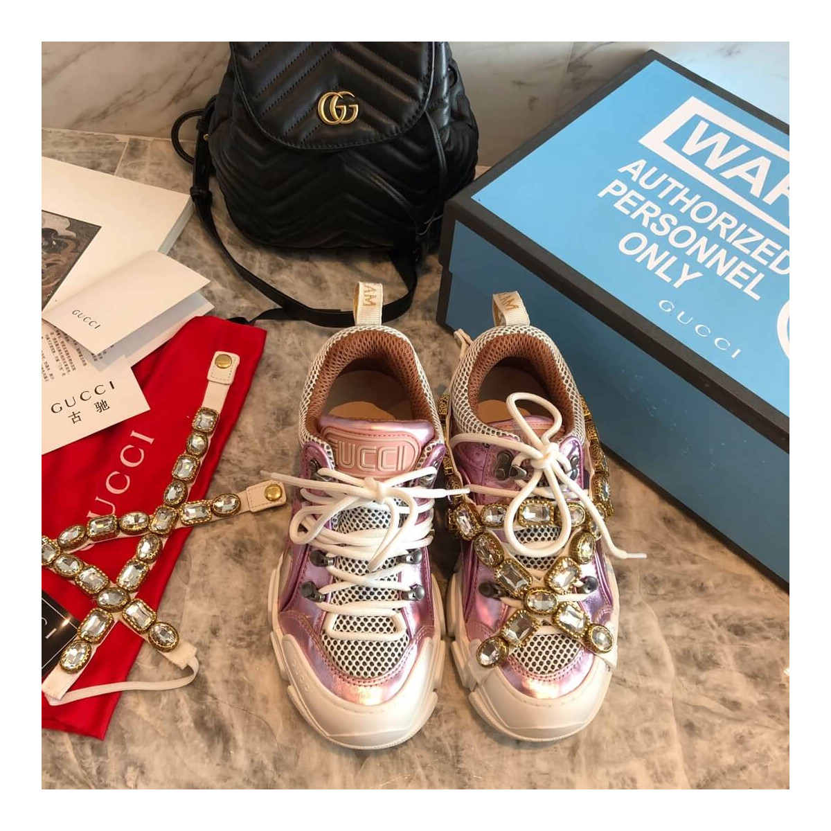 Gucci Flashtrek Sneaker With Removable Crystals 537133 Pink Metallic