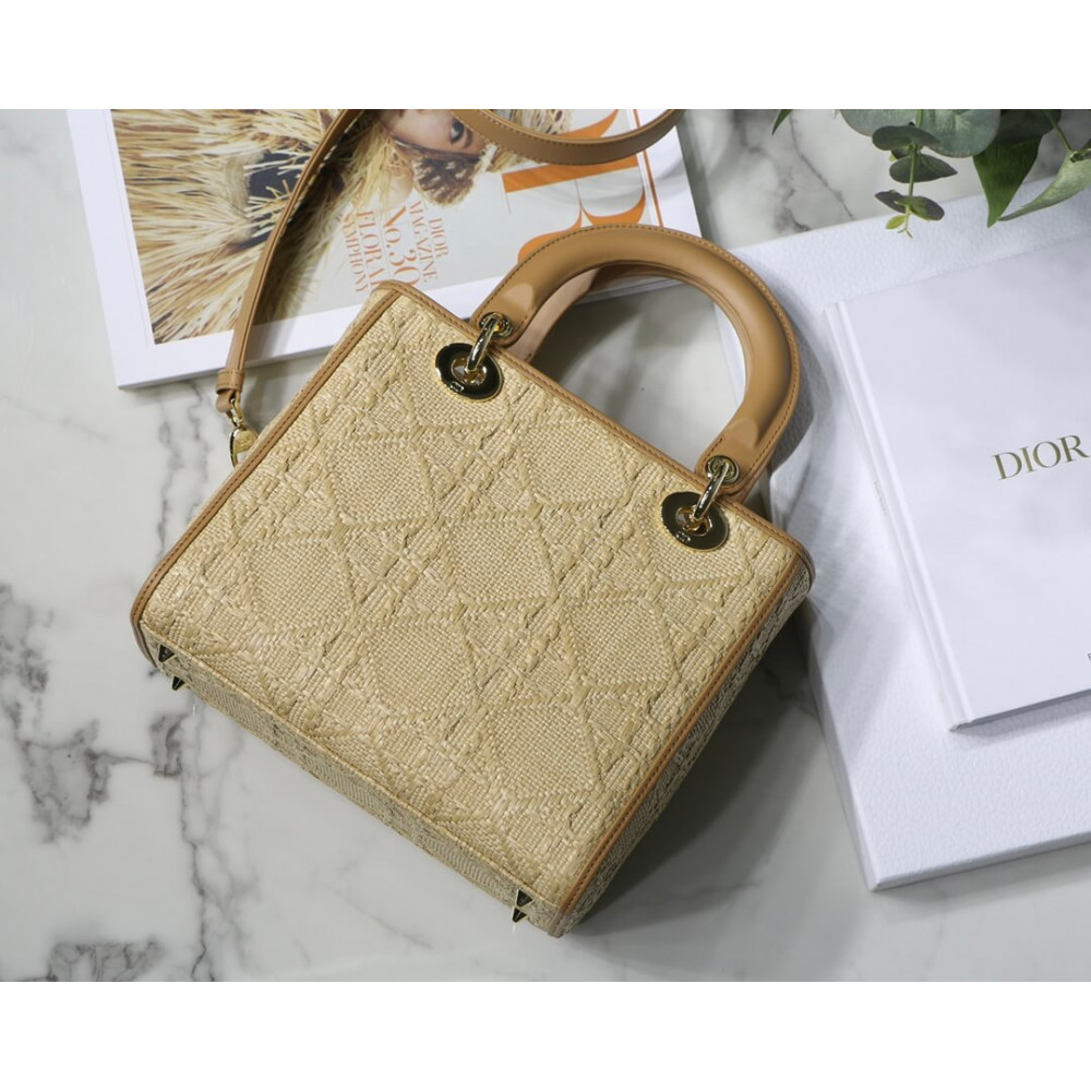 Christian Dior Medium Lady Dior Bag Natural Cannage Raffia M0565