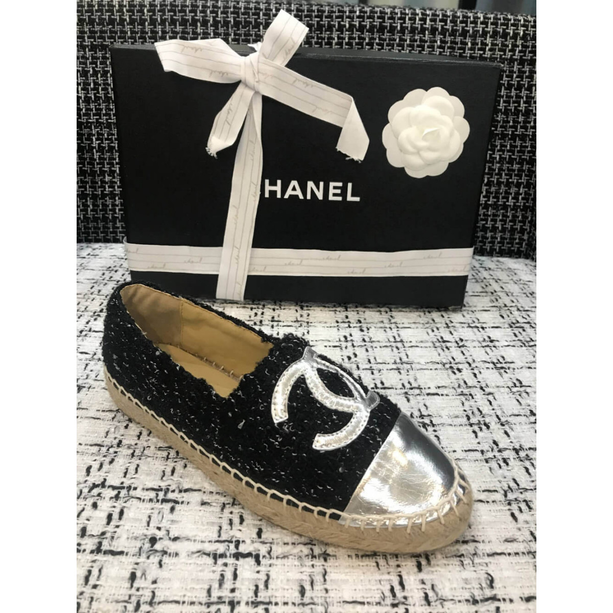 Chanel Tweed &amp; Patent Calfskin Espadrilles G29762 Black/Silver