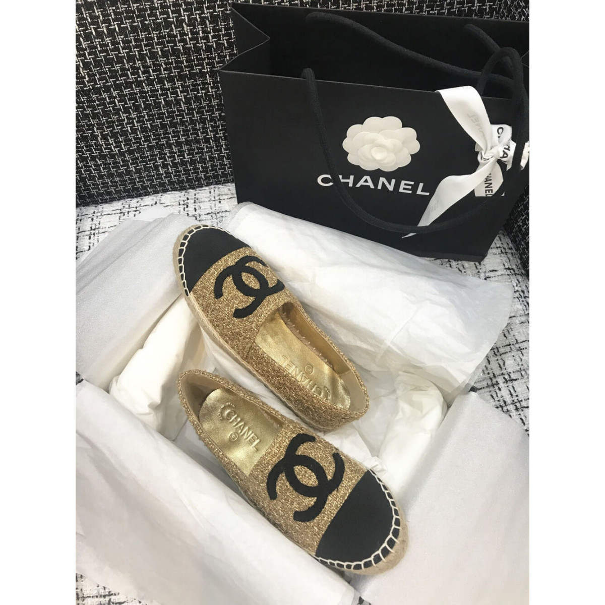 Chanel Tweed Espadrilles G29762 Light Coffee/Black