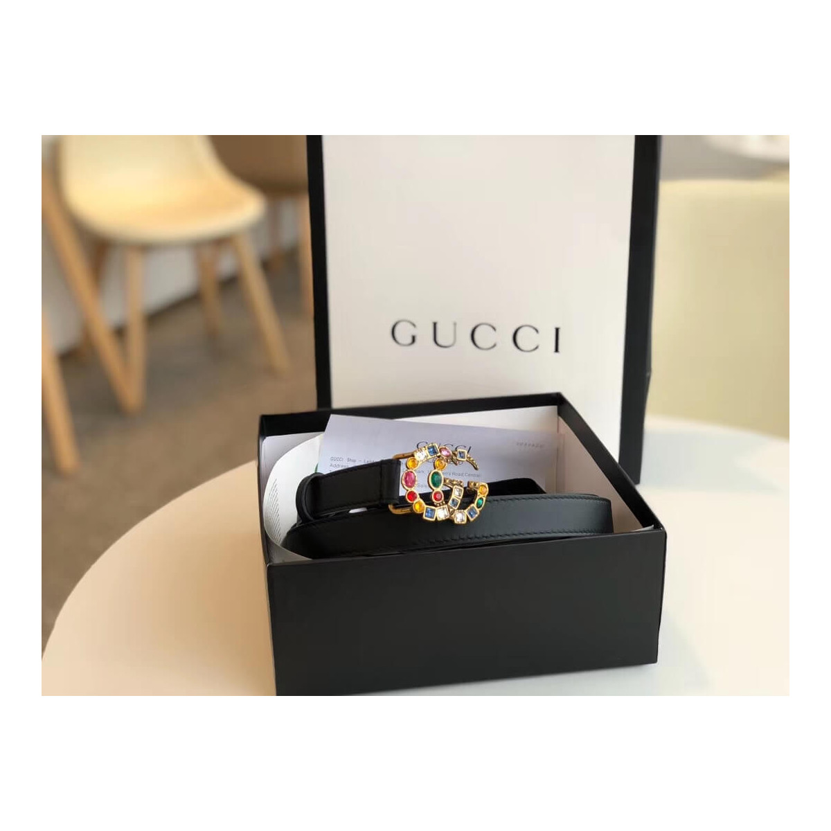 Gucci 20mm Leather Belt With Crystal Double G Buckle 513183