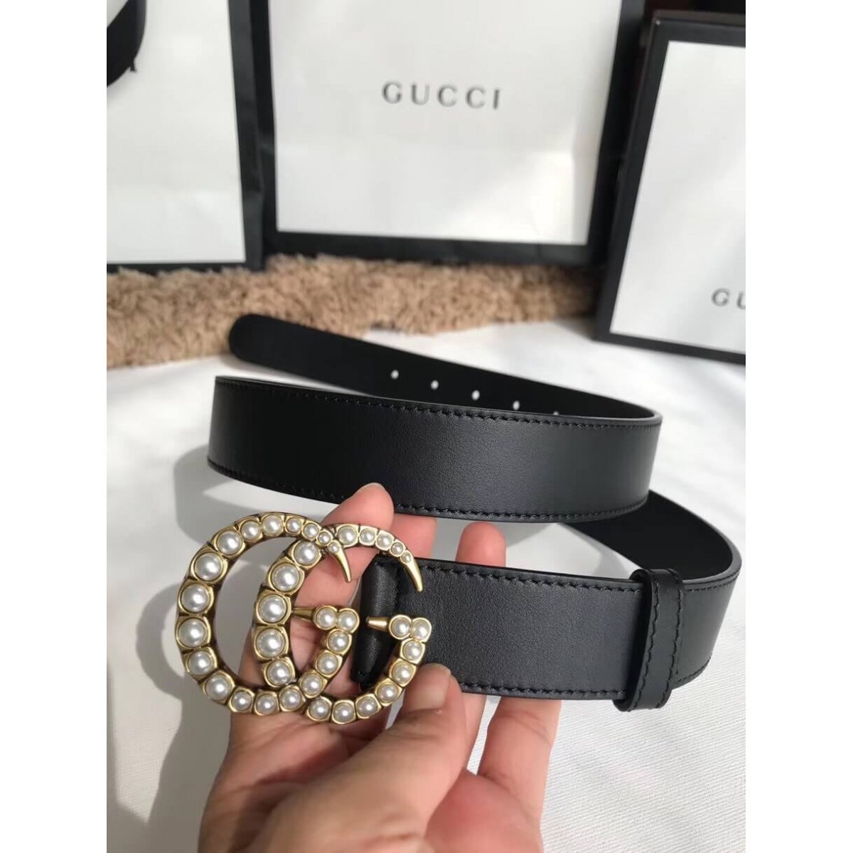 Gucci 30mm Leather Belt With Pearl Double G 453260