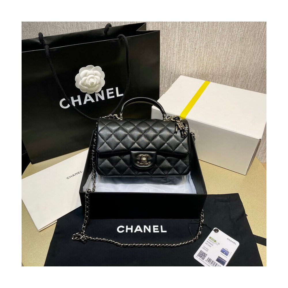 Chanel Lambskin Mini Flap Bag With Top Handle Black AS2431 with Lion Charm