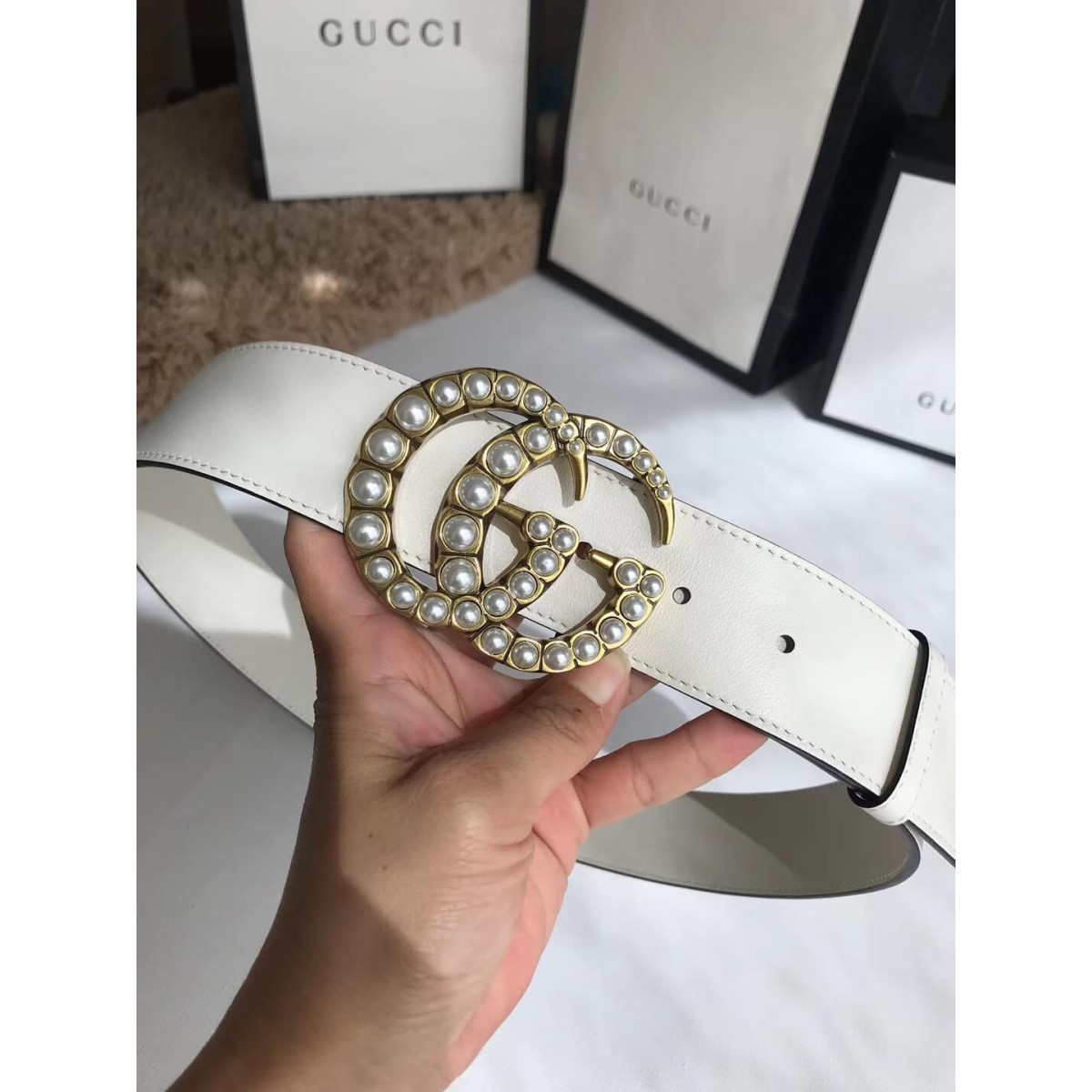 Gucci 40mm Leather Belt With Pearl Double G 453260