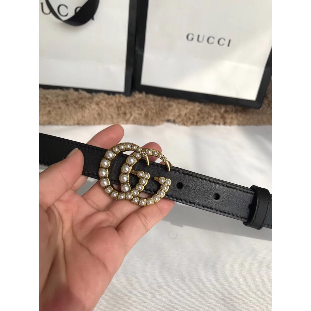 Gucci 20mm Leather Belt With Pearl Double G 453260