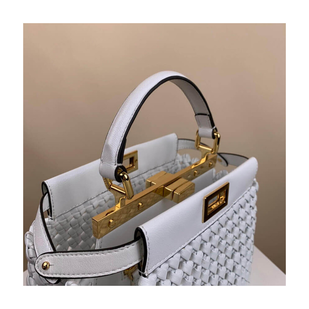 Fendi Peekaboo Iconic Mini Leather Interlace Bag 2031 White