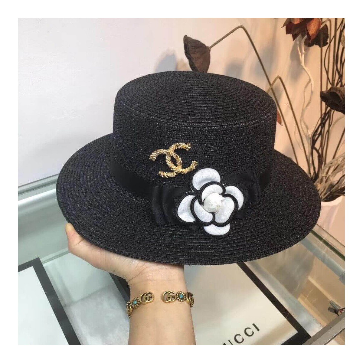 Chanel Flower Embellished Straw Hat AA6730