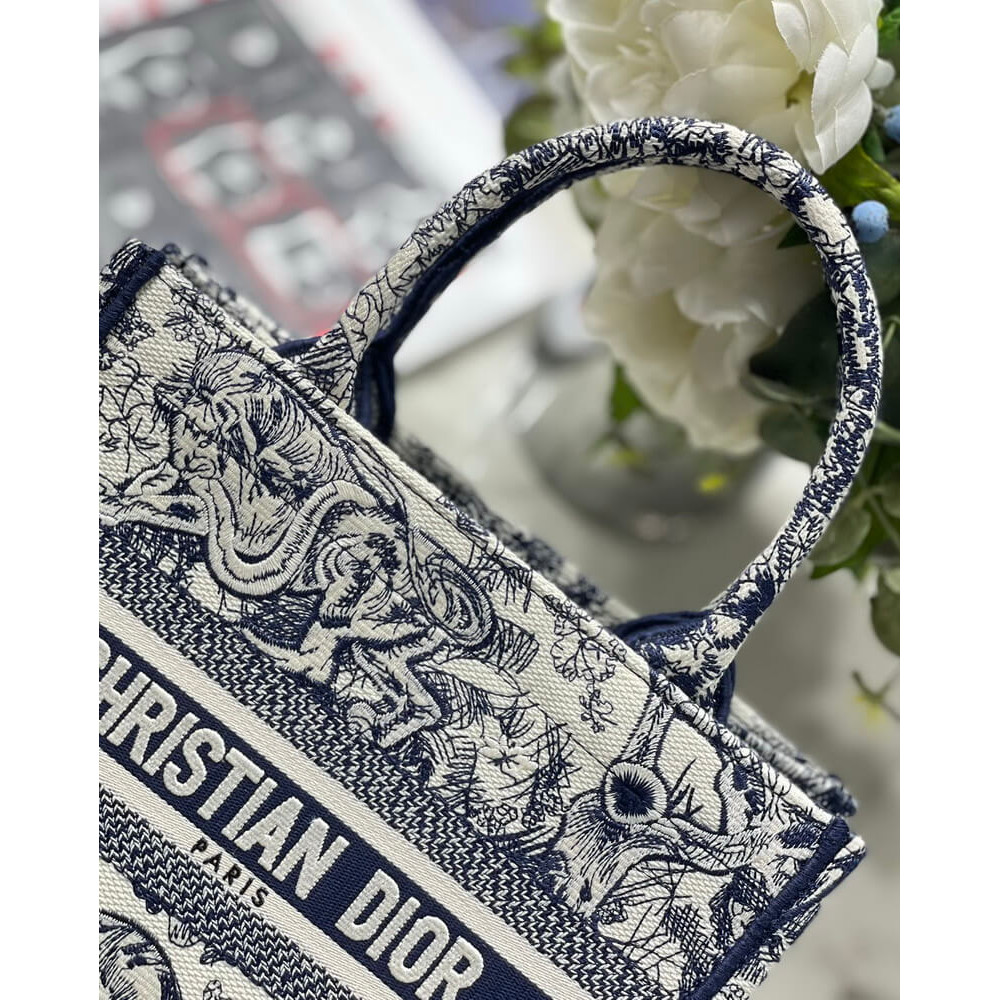 Christian Dior Small Book Tote Bag 26cm Toile De Jouy Reverse Embroidery Blue