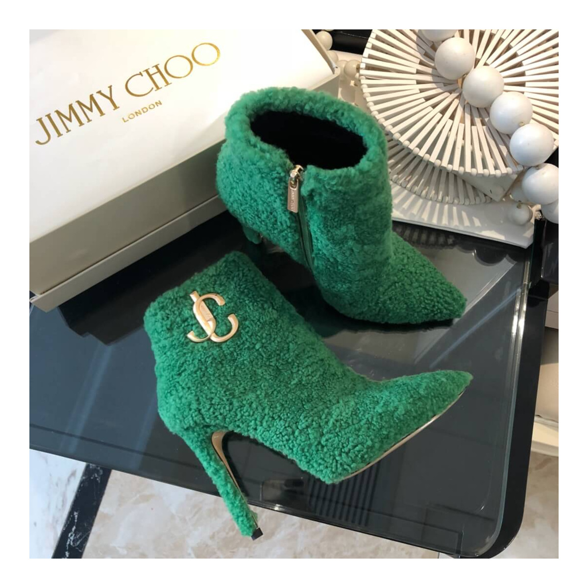 Jimmy Choo Shearling Ankle Bootie with Gold JC Logo 80259