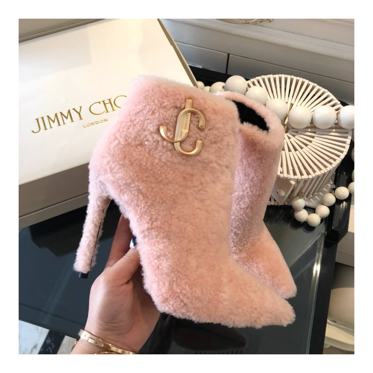 Jimmy Choo Shearling Ankle Bootie with Gold JC Logo 80259