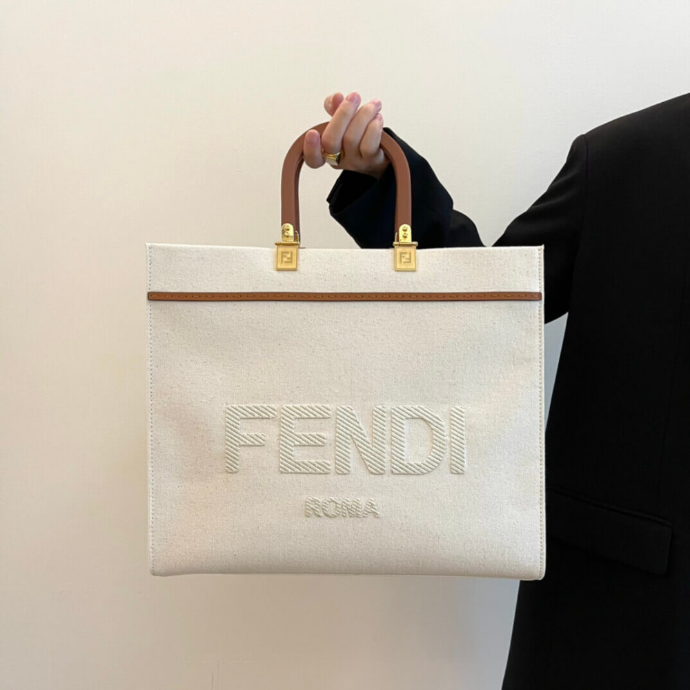 Fendi Medium Sunshine Tote Bag in Cream Canvas 8BH386