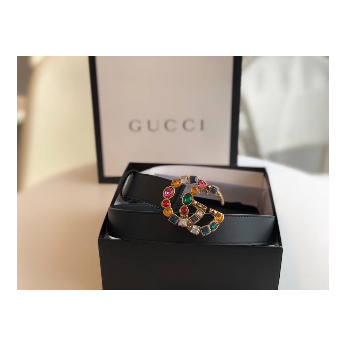 Gucci 30mm Leather Belt With Crystal Double G Buckle 513183