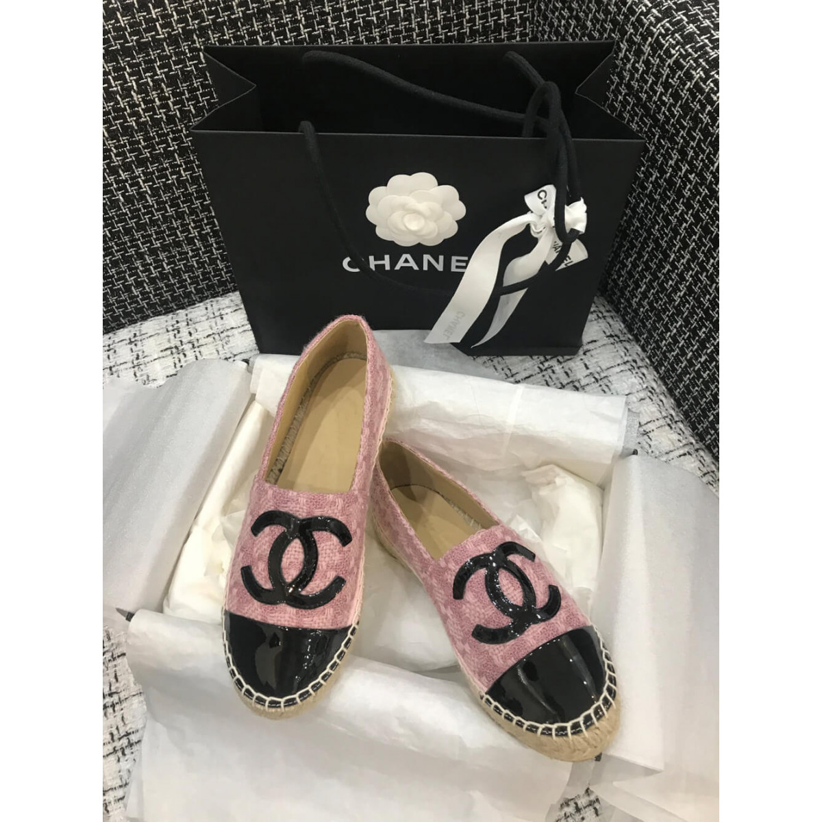 Chanel Tweed &amp; Patent Calfskin Espadrilles G29762 Pink/Black