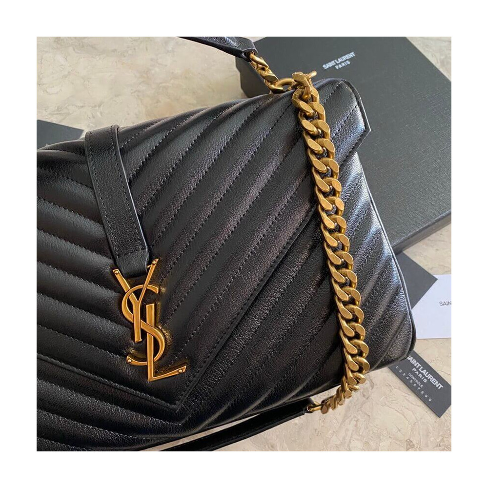 YSL Saint Laurent Sheepskin Matelasse Chevron Monogram Large College Satchel 392738 Black