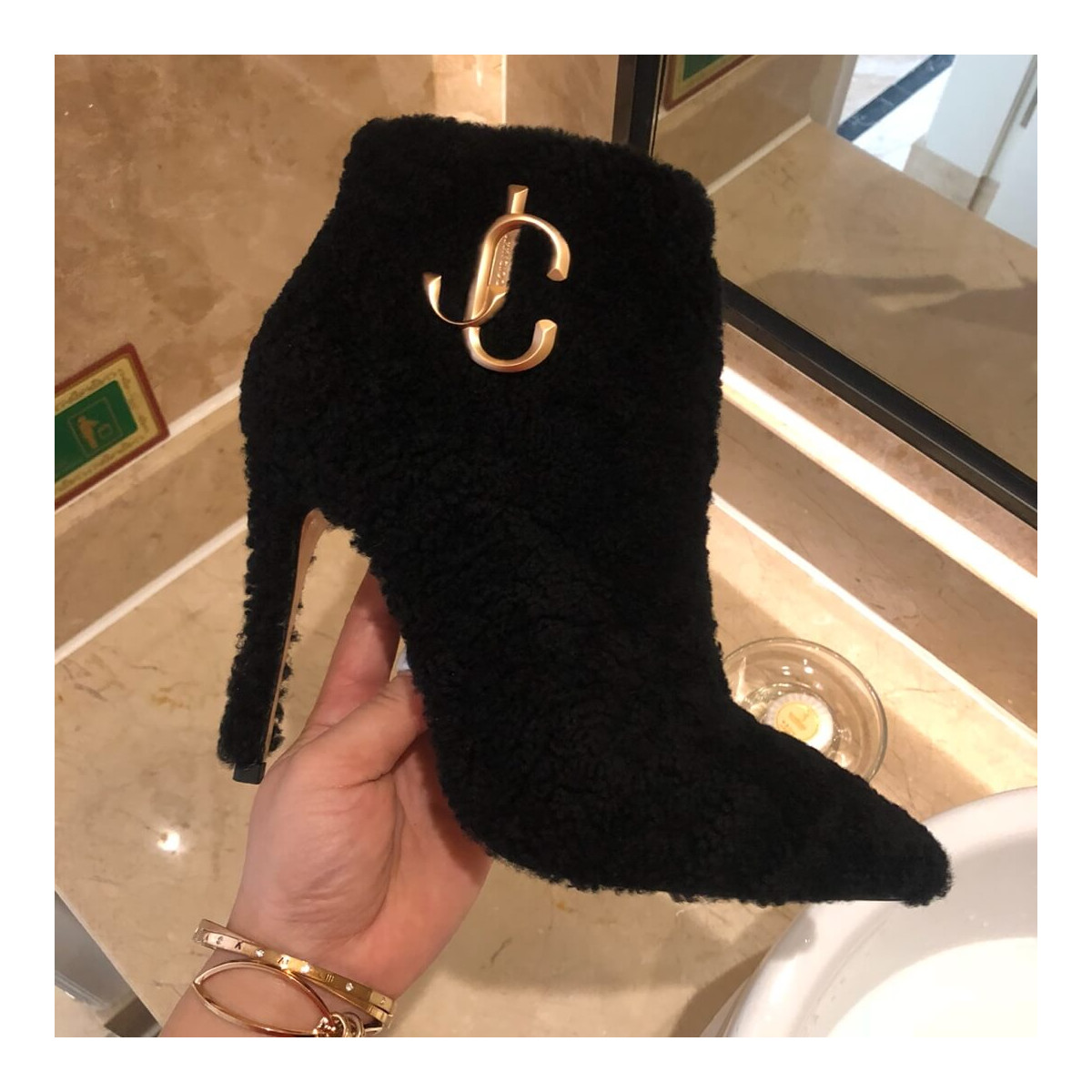 Jimmy Choo Shearling Ankle Bootie with Gold JC Logo 80259