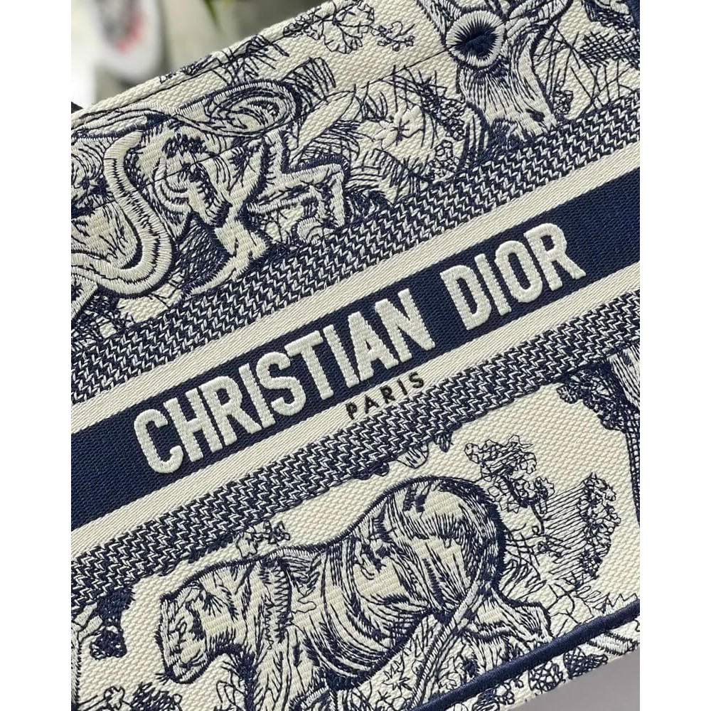 Christian Dior Small Book Tote Bag 26cm Toile De Jouy Reverse Embroidery Blue