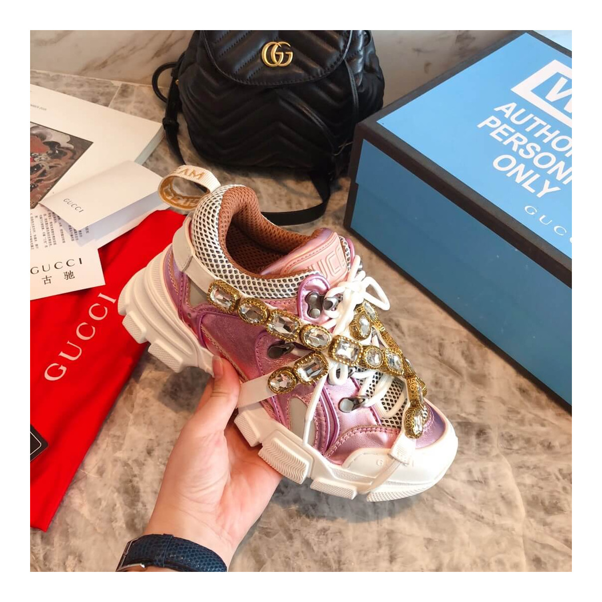 Gucci Flashtrek Sneaker With Removable Crystals 537133 Pink Metallic