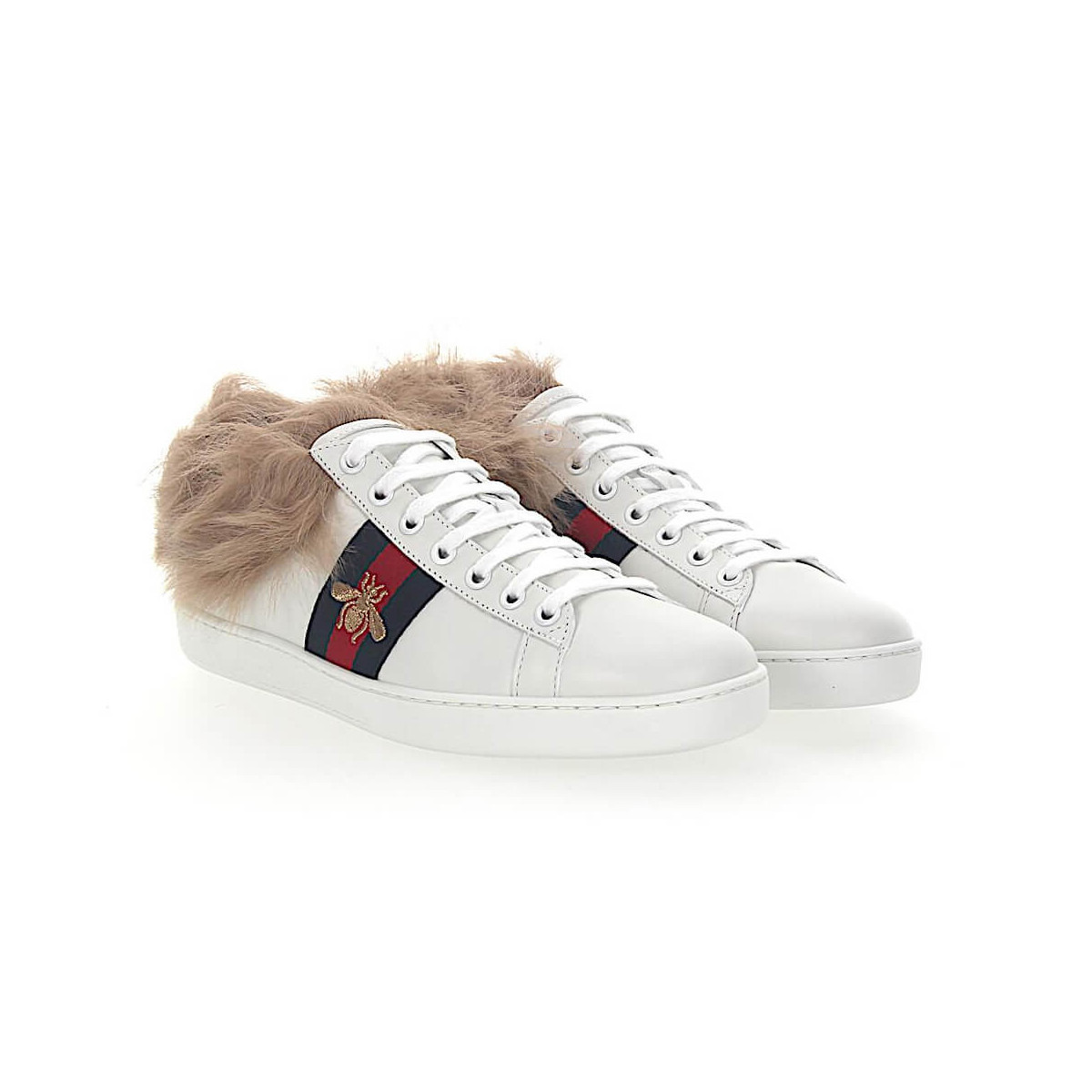 Gucci Ace Sneakers Leather White Stripes Bees Gold Lamb Fur 428715