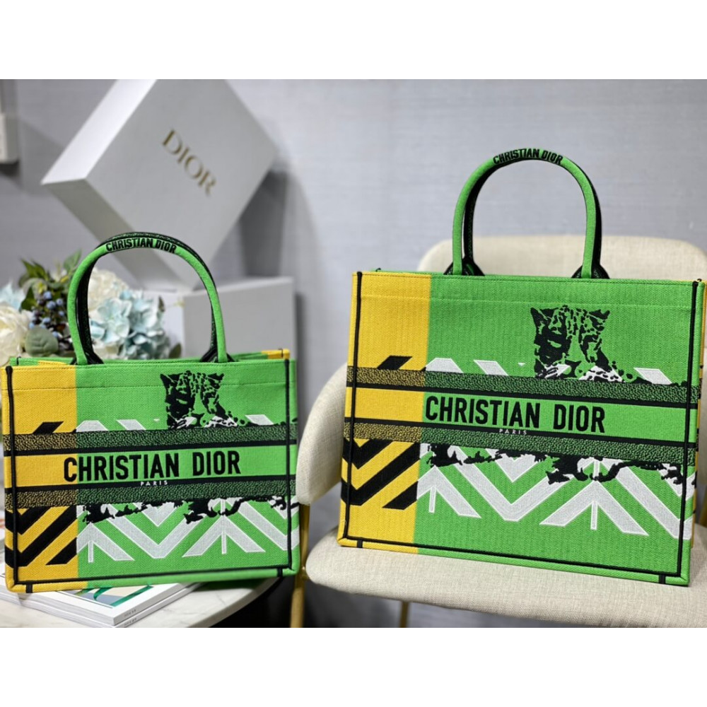 Christian Dior Medium Book Tote Bright Green and Orange D-Jungle Pop Embroidery M1296