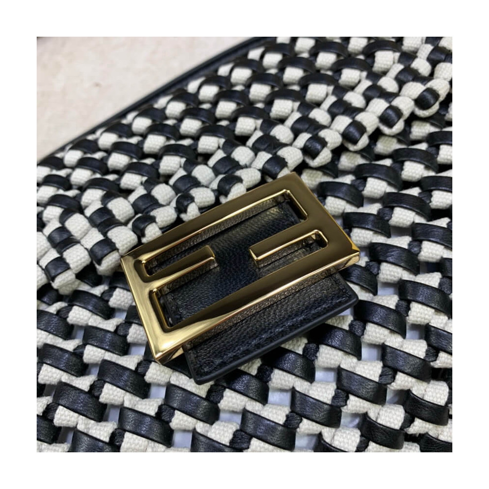 Fendi Baguette in Black Leather and White Fabric 2032